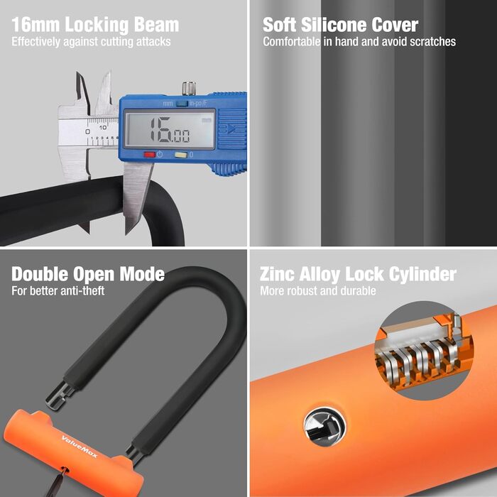 Велосипедний замок ValueMax U-lock, U-подібний замок зі сталевим тросом 1,8 м, з кронштейном, 2 ключі, велосипедний замок 2 в 1 для велосипедів, мотоциклів, гірських велосипедів, електровелосипедів