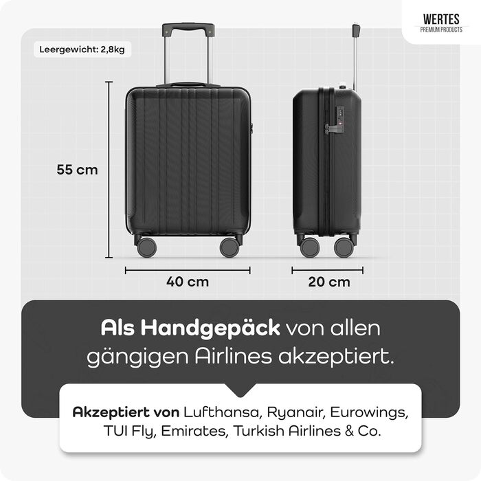 Валіза ручна поклажа 55x40x20 см - 36 л - Валіза з TSA замком та подвійними колесами, дорожня валіза, візок для ручної поклажі, кабінна валіза - 55x40x20 см Чорна