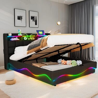Ліжко-міні-гарнітур 140x200 см із зарядною станцією USB/Type-C, різнокольоровим світлодіодним підсвічуванням, полицею біля узголів&39я та великим місцем для зберігання під ліжком, шкіряне, чорне. Ліжко 140 x 200 см Ebd854-bk