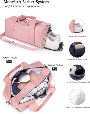 Спортивна сумка 16 дюймів для жінок та дітей, з відділенням для взуття та роздільником для вологих/сухих речей, рожева, малий розмір 16 дюймів