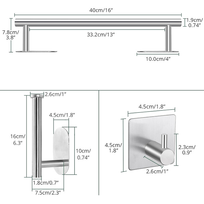 Рушникосушка JiGiU без свердління, набір 5-в-1 з нержавіючої сталі 40 см рушникосушка для ванної кімнати, 3 шт. гачок для рушників