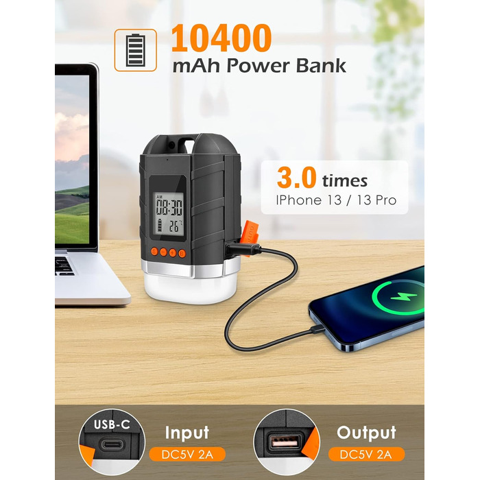 Акумуляторний зовнішній акумулятор для кемпінгового ліхтаря LED 15000 мАг з РК-дисплеєм, 4 режими, димер, відображення часу та температури, підходить для наметів, водонепроникний 2