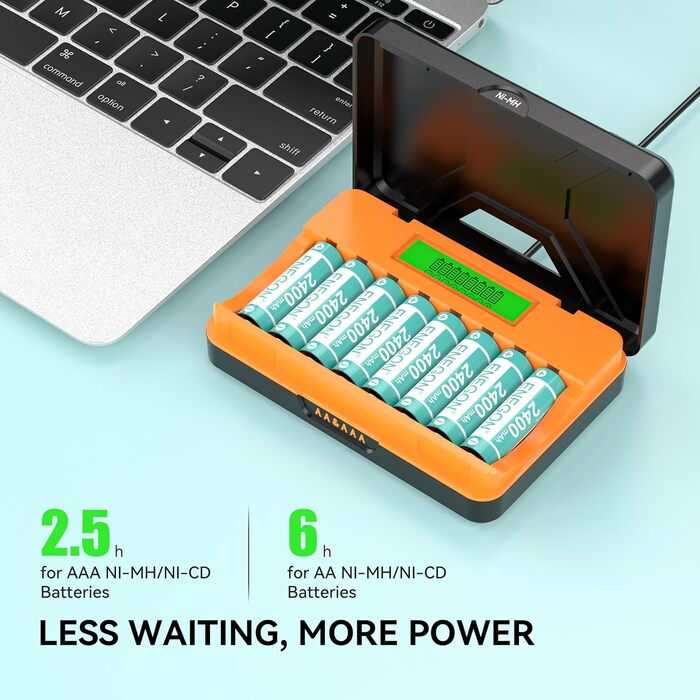 Швидкий зарядний пристрій ENEGON на 8 батарейок типу AA/AAA з РК-дисплеєм 8 нікель-металгідридних батарей типу AA (2400 мАг), зарядна станція USB-C з відділенням для іграшок, мишей та електроніки