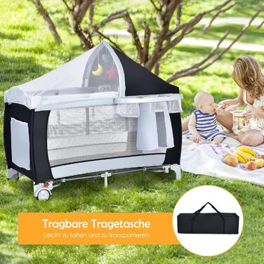 Складане дорожнє ліжечко COSTWAY 4-в-1, дитяча колиска, пеленальний столик та манеж з функцією гойдання, включаючи музичний мобіль, ігрову арку, пеленальний килимок, матрац, органайзер для підгузків та сумку для перенесення (чорний)