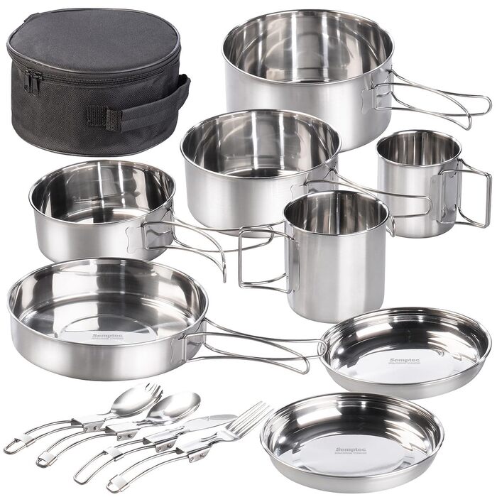 Набір посуду для виживання в міських умовах 12-частинний комплект з нержавіючої сталі для кемпінгу з приборами та сумкою (набір каструль, похідний кухонний набір, для газового пальника)