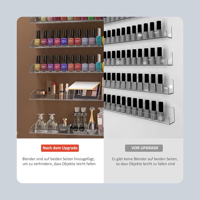 Настінна полиця для лаків для нігтів 61 см, прозора, зі знімною кришкою, набір з 6 шт. , акриловий настінний органайзер, полиці для зберігання лаків для нігтів на 150 пляшечок (60 см), прозора, 61 см