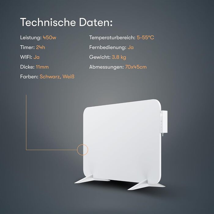 Інфрачервоний обігрівач BR Bringer 450 Вт з розумним термостатом, Wi-Fi та додатком - для настінного монтажу або як окремостоячий пристрій для невеликих приміщень площею до 10 м - дуже енергоефективний - німецький якісний бренд (білий) Білий 450 Вт