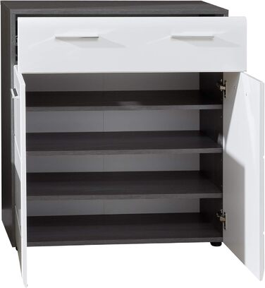 Комод - Димчасто-сріблястий/Білий глянцевий - Шафа для взуття з місцем для 12 пар взуття - (Ш x В x Г) 80 x 87 x 35 см - Хромовані ручки - Стійкий до подряпин Sardegna Димчасто-сріблястий меламін/Білий глянцевий 80 x 87 x 35 см