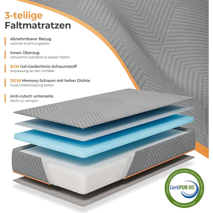 Розкладний матрац Vesgantti для гостей 100x200 см, висота 15 см, 3-секційний розкладний матрац з гелевої піни для подорожей, кемпінгу, підлоги, гостьового ліжка, чохол, що прається, складний матрац, сертифікований Oeko-Tex 15 см - сірий 100x200 см