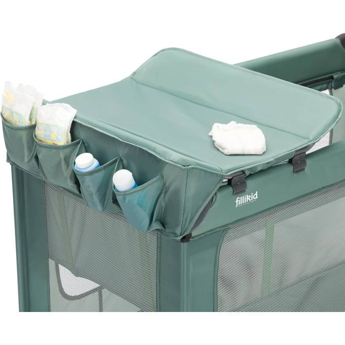 Дорожнє ліжечко Fillikid Capri від народження - 15 кг з регульованим вкладишем, 2 колесами, входом, пеленальний килимок, лоток для підгузків, мобільний телефон та сумка для перенесення - зелений