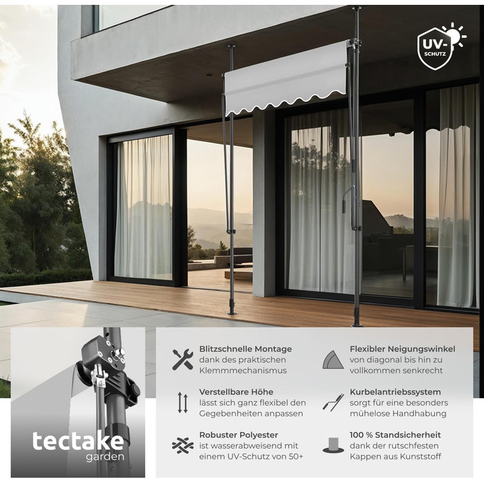 Маркиза tectake з кріпленням та ручним приводом, балконна маркізка без свердління, регульована по висоті, стійка до ультрафіолету, водовідштовхувальна, навіс для патіо, сонцезахист для патіо та балкону, ширина 150 см - світло-сірий