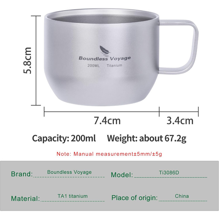 Мл титанова чашка для еспресо, двостінна кружка для лате, капучино, какао, металева чашка для чаю, для кемпінгу на свіжому повітрі, для подорожей, надлегка, міцний посуд для напоїв (титановий колір Ti3086D), срібляста, 200