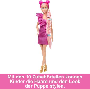 Лялька Barbie, Fun & Fancy Hair з наддовгим барвистим світлим волоссям і блискучою рожевою сукнею, 10 аксесуарів для зачіски та мо