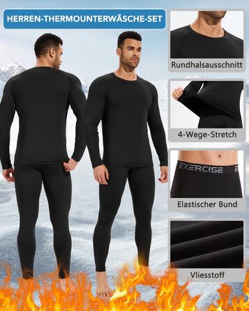 Комплект із 2 чоловічих термобілизни, функціональна білизна, комплект лижної білизни, зимова тепла флісова підкладка, довга білизна, дихаюча термомайка для чоловіків, чорний/чорний, XXL