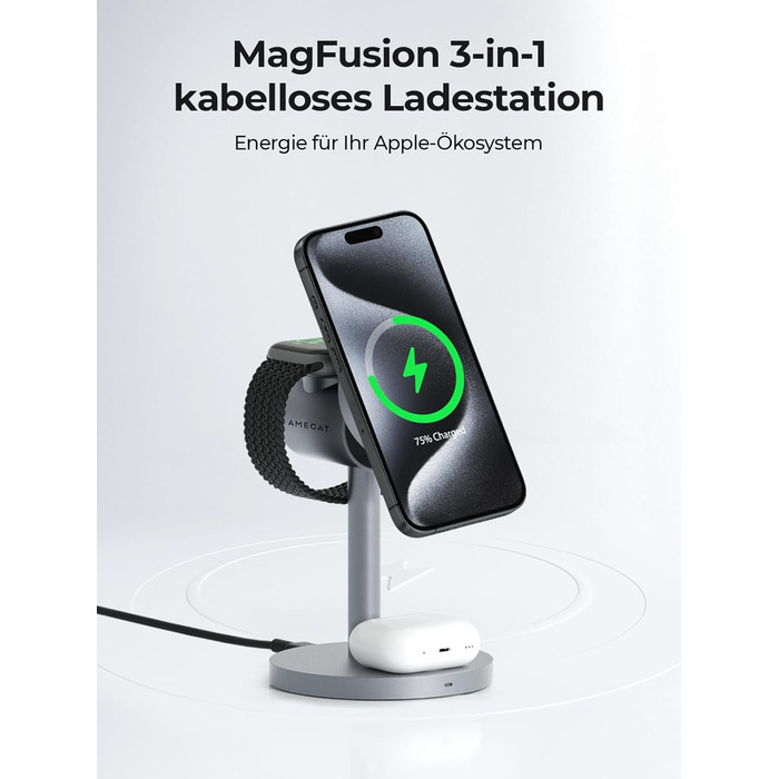 Зарядна станція AMEGAT для Apple Watch та iPhone, бездротовий зарядний пристрій MagSafe 3 в 1 15 Вт, включаючи 30 Вт зарядний прис