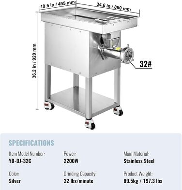 Професійна електром'ясорубка VEVOR 2200 Вт, продуктивність 9,98 кг/хв, з набором ножів та решіток, м'ясорубка з нержавіючої сталі для ресторанів та м'ясних лавок