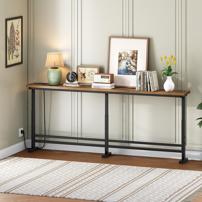Вузький консольний столик, вузький столик для передпокою, столик для передпокою довжиною 180 см, 1 розетка змінного струму, 1 порт USB-A, 1 порт Type-C, для вітальні, передпокою, вінтажний коричнево-чорний XCT08CBR 180 x 15 x 70-90 см Вінтажний коричневий