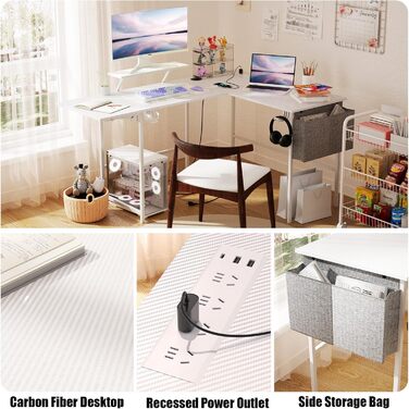 Ігровий стіл із розумним світлодіодним освітленням, L-подібний стіл із подовжувачем для домашнього офісу, кутовий стіл 120-150 см з розеткою, сумка для зберігання, підставка для монітора, білий