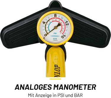 Велосипедний насос Dunlop з подвійним клапаном - велосипедний повітряний насос з 2 адаптерами - для всіх клапанів - клапани Dunlop, Presta та Schrader - 12 бар/180 PSI - ножний насос, манометр, жовтий