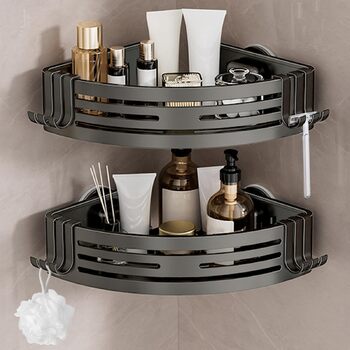 Кутова полиця для душу Lekesky без свердління, з міцними присосками, з алюмінію та нержавіючої сталі, знімна полиця для ванної кімнати, кухні, орендованого житла (набір 2 шт., графітовий сірий колір). Кутова - графітовий сірий.