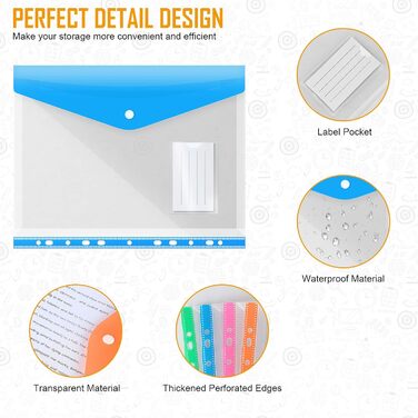 Пакет сумка для документів A4 Filable, розширювані кишені з отворами, прозорі кишенькові папки для документів A4 Сумка-гаманець для впорядкування документів із кнопкою фіксації та кишенею для етикеток, 6 кольорів кольорового розширення, 12