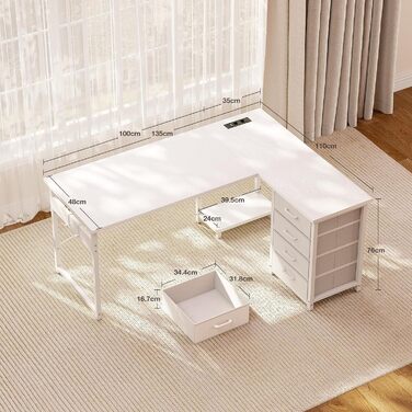 Кутовий письмовий стіл ODK з 4 шухлядами, 135100 см L-подібний стіл з розеткою та портом зарядки USB, двосторонній стіл з місцем для зберігання для домашнього офісу, білий колір 135 100 см