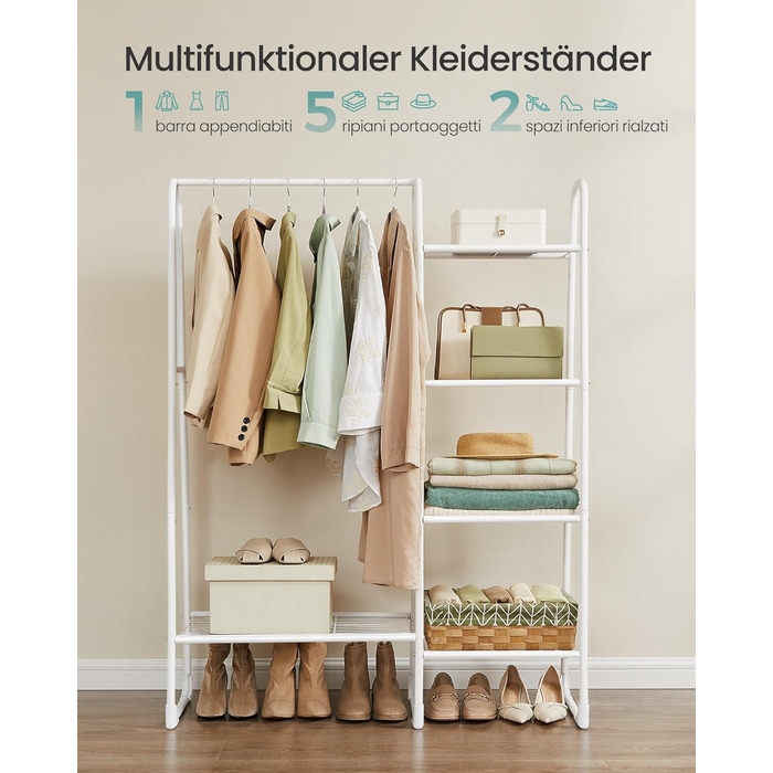 Вішалка для одягу SONGMICS, Вішалка для білизни з 5 полицями, Металевий каркас, 40 x 101,7 x 153,3 см, для спальні, вітальні, вхідної зони, Хмарно-білий HSR138W01