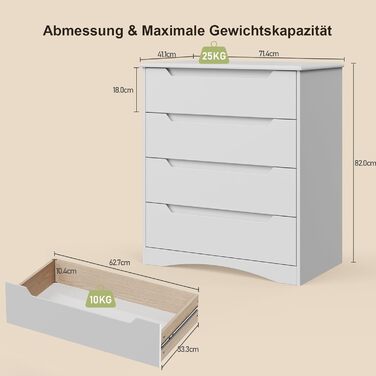 Комод Bealife White, комод для спальні з 4 місткими шухлядами, шафа з шухлядами з вирізаними ручками та пристроєм проти перекидання, комод ідеально підходить для вітальні, офісу