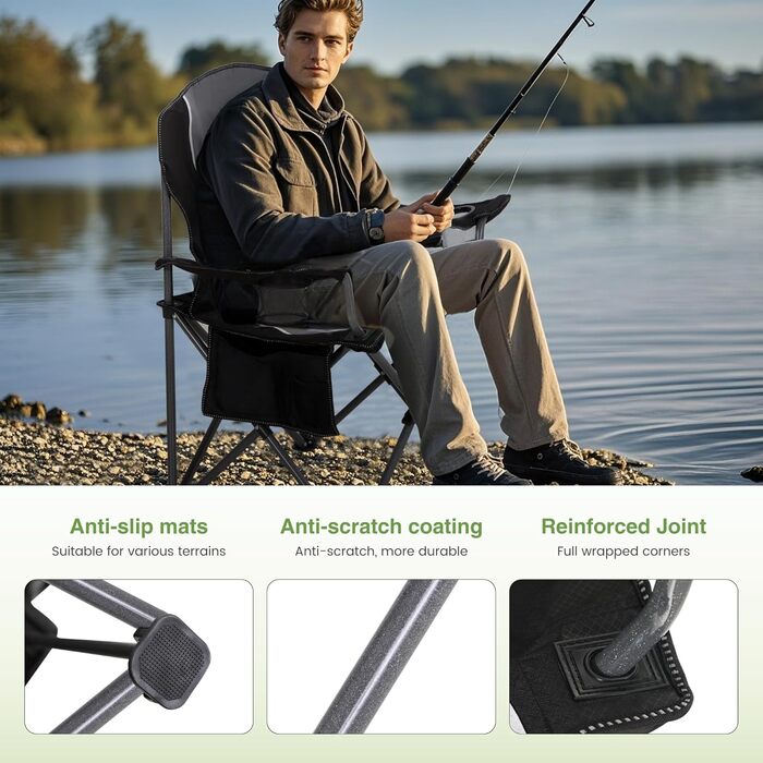 Крісло для кемпінгу LET&39S CAMP, складне крісло, складане рибальське крісло з тримачами для напоїв та сумкою для перенесення, складне крісло XL до 160 кг, чорно-сіре