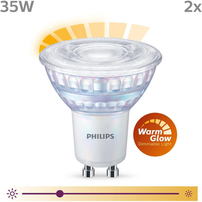 Лампи Philips LED Classic GU10 Warm Glow (50 Вт), світлодіодні плями з рефлектором із регулюванням яскравості та теплим білим світлом, енергозберігаючі лампи з тривалим терміном служби (35 Вт, 2 упаковки, Warmglow Dimmable)