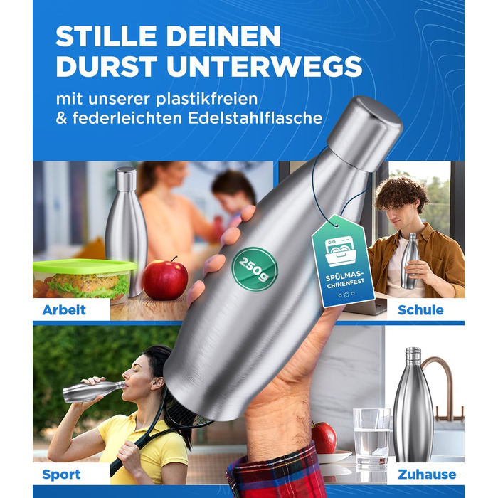 Безпластикова пляшка з нержавіючої сталі 900 мл для Sodastream Crystal - Пляшка з нержавіючої сталі, захищена від миття в посудомийній машині для потоку газованої води - Металеві пляшки Soda Maker 900 мл Nature, 100