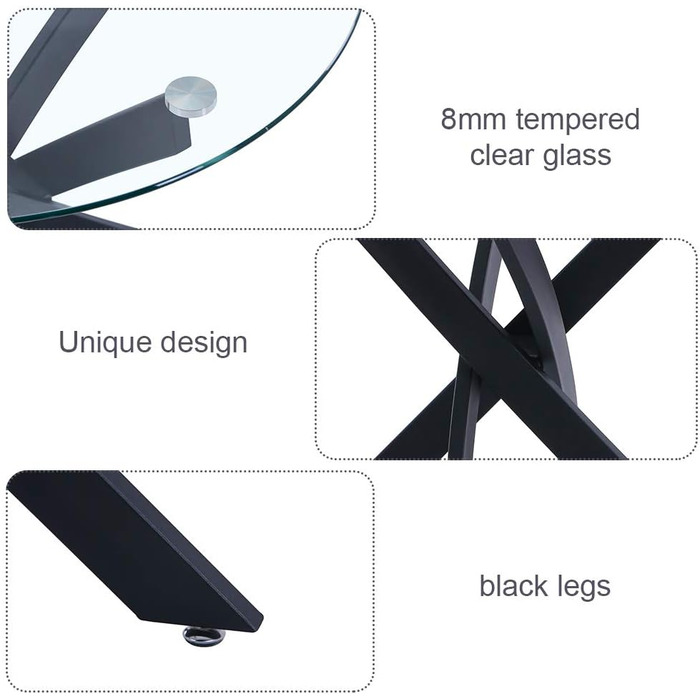 Обідній стіл GOLDFAN Скляний стіл для вітальні Маленький круглий скляний стіл Кухонний стіл Сучасний стіл з чорними ніжками для вітальні Офіс Кухня Скло 4 Чорний