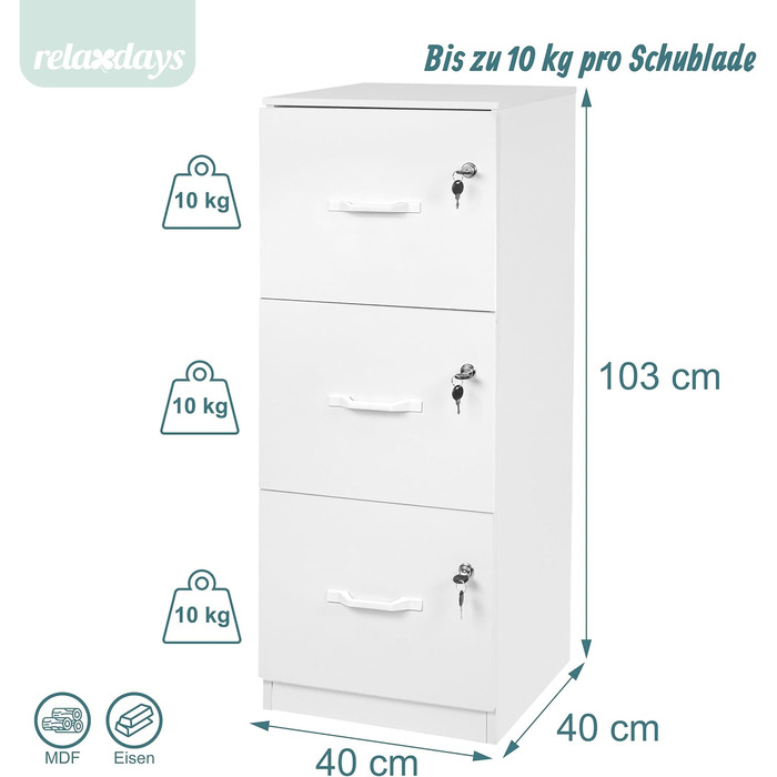 Картотечна шафа Relaxdays для підвісних файлів, 3 шухляди, що замикаються, ВxШxГ 103 x 40 x 40 см, підвісна картотечна шафа, біла