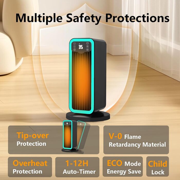 Енергозберігаючий електричний обігрівач, керамічний нагрівальний елемент PTC потужністю 1500 Вт з термостатом, коливання 70, 12-годинний таймер, захист від перегріву та перекидання, портативний обігрівач для приміщень, чорний