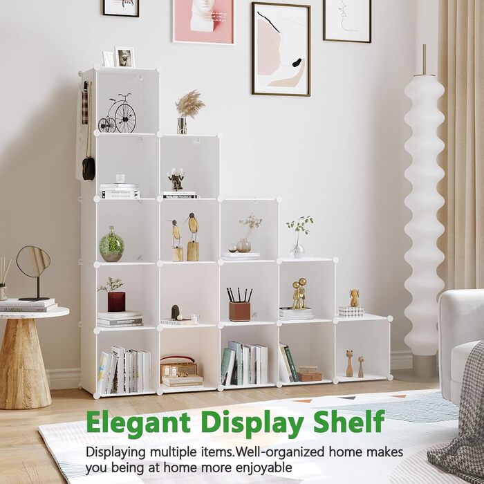 Кубоподібна полиця для зберігання, 16 кубічних полиць, шафа, модульна пластикова полиця своїми руками, ідеально підходить для спальні, вітальні, офісу, 122 см Д x 31 см Ш x 122 см В, молочно-білий, UPCS16M 16 кубів