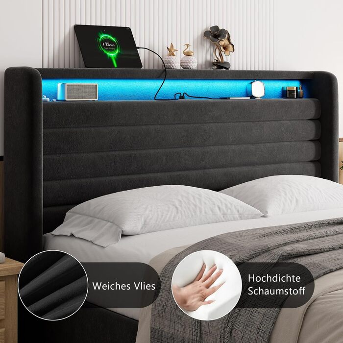 Ліжко FEONASE 140x200 з місцем для зберігання, М&39яке ліжко 140x200 см зі світлодіодним освітленням та зарядною станцією, Каркас ліжка з гідравлічним та велюровим узголів&39ям, місцем для зберігання, рейкова основа, Матрац не входить до комплекту, Темно-
