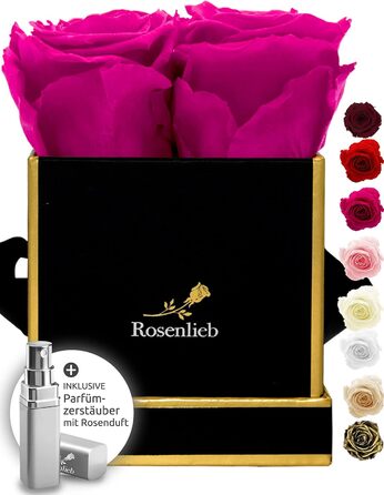 Коробка для троянд Rosenlieb з 4 трояндами Infinity (термін зберігання 3 роки) Справжні збережені квіти Flowerbox вкл. листівку Подарункова коробка для жінок, подруга, різдво (квадрат Bravo чорний, рожевий)