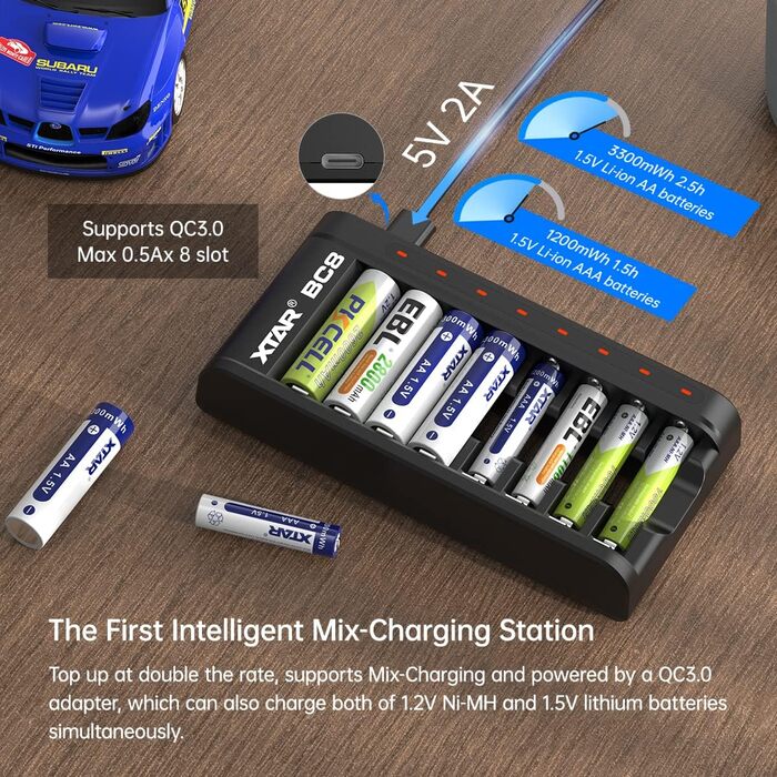 Зарядний пристрій XTAR BC8, 1,5 В, акумуляторні батареї, зарядний пристрій типу C для літій-іонних та 2 нікель-металгідридних акумуляторів типу AA/AAA (зарядний пристрій BC8), чорний, зарядний пристрій BC8