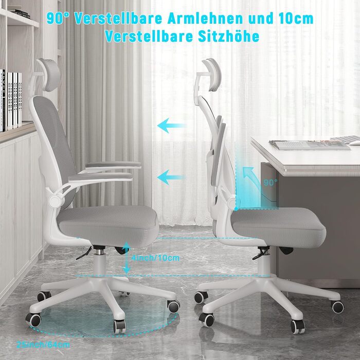 Ергономічне офісне крісло naspaluro з дихаючою сітчастою оббивкою, письмове крісло з регульованими підлокітниками, підголівником, поперековою опорою, регулюванням висоти, поворотним кріслом на 360, сіро-сірий колір з підголівником