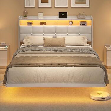 М&39яке ліжко 140x200 см, Ліжко 140 x 200 зі світлодіодним освітленням та зарядною станцією, Каркас ліжка з узголів&39ям, Каркас двоспального ліжка Плаваючий каркас ліжка, Металеве ліжко, ПУ, Сучасне, Біле (без матраца) 140 x 200 см Білий