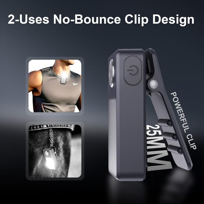 Акумуляторні бігові ліхтарі з USB-C, 3 рівні яскравості, покращені 2-в-1 ліхтарі з кліпсою, водонепроникні компактні світлодіодні ліхтарі IPX7 для вечірніх прогулянок, бігу, роботи, кемпінгу (чорний) дизайн, 2