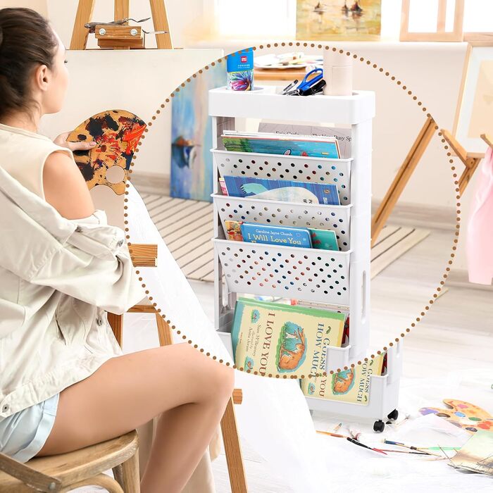 Невеликий книжковий візок, книжкова шафа з колесами, візок для рукоділля, вузький візок для зберігання, 5 ярусів, візок з книжковою полицею для вітальні, спальні, офісу, бібліотеки, чисто білий