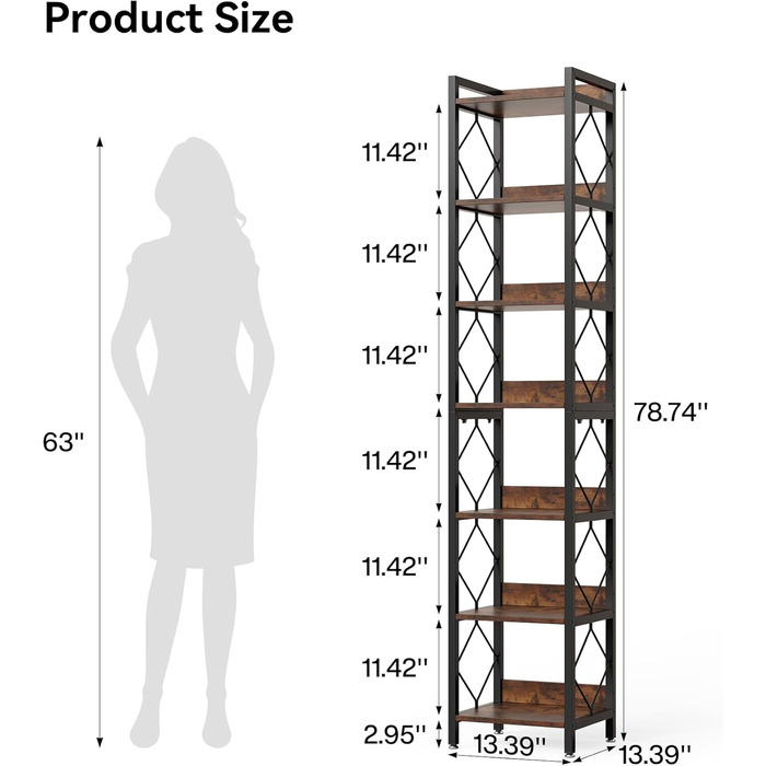 Ярусна книжкова полиця LITTLE TREE, полиця на одному місці, окремостояча полиця, вітальня, спальня, кабінет, 35 x 35 x 200 см, промисловий дизайн, вінтажний коричнево-чорний, 7-
