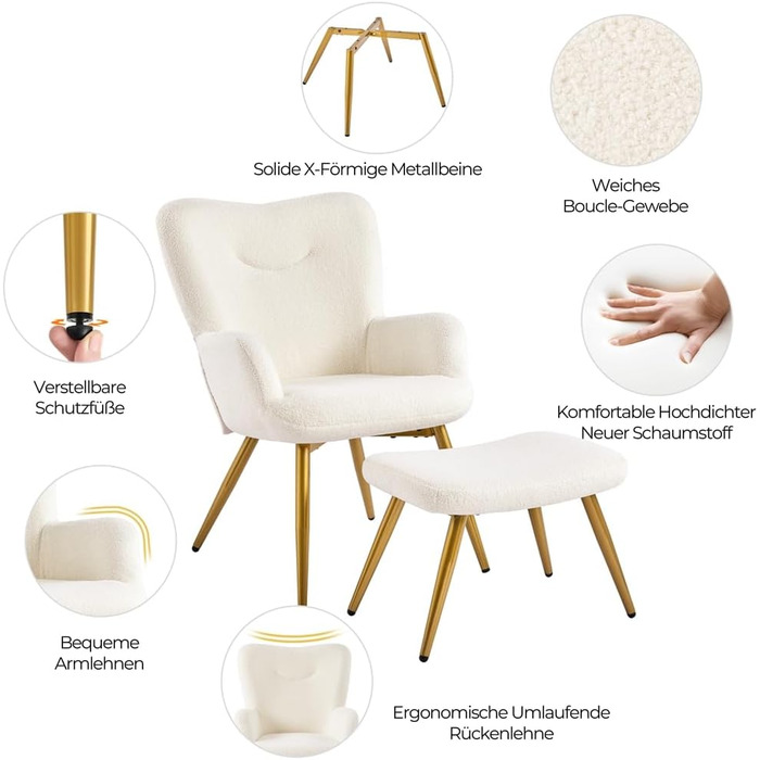 Крісло-крило Yaheetech з пуфом для ніг з тканини букле, реклайнер з підставкою для ніг, шезлонг зі складною спинкою, крісло під телевізор для вітальні/спальні кольору слонової кістки