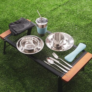 Набір столових приборів для кемпінгу, посуд з нержавіючої сталі для 1-2 осіб, кемпінговий посуд, мірний набір, повний набір столових приборів 12-в-1 з сітчастою сумкою для кемпінгу, походів, піших прогулянок