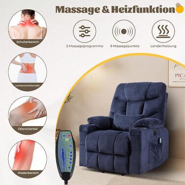 Електричне підйомне крісло, крісло-реклайнер з вібраційним масажем та функцією підігріву, зручне для людей похилого віку крісло для телевізора з безступінчастим регулюванням, пульт дистанційного керування, порт USB та Type-C, 3 положення (синє)