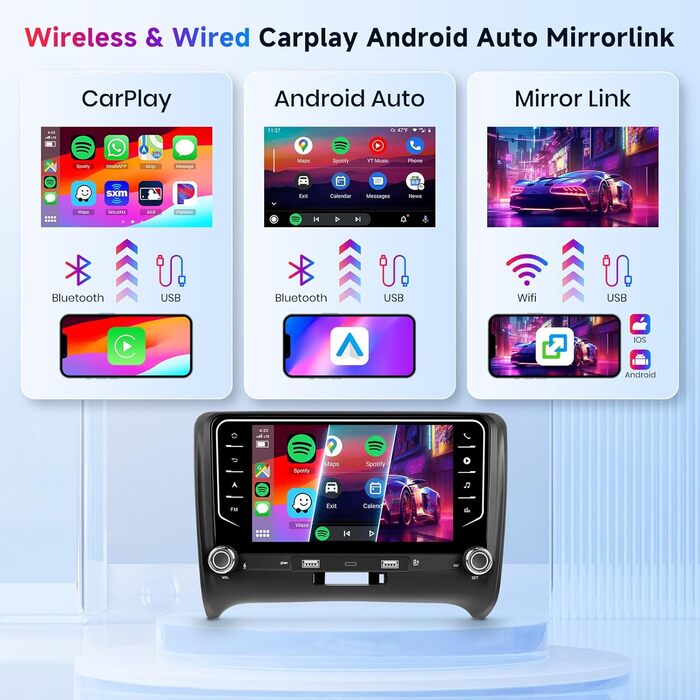 Автомагнітола Hodozzy 2G64G Android для Audi TT MK2 8J 2008-2014 з бездротовим Carplay Android Auto, 7-дюймовий сенсорний екран, 2 Din з навігацією, GPS, WiFi, Bluetooth, EQ/DSP, FM/RDS, радіо з камерою заднього виду