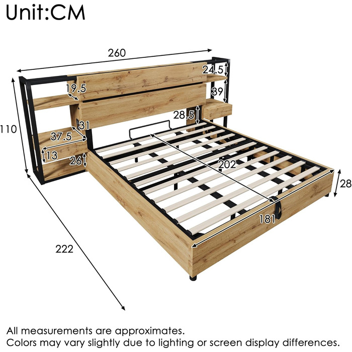 Двоспальне ліжко 180x200 з тумбочкою, узголів&39ям для зберігання речей з шухлядами та функцією зарядки USB Type-C, гідравлічне ліжко для зберігання речей, дерев&39яний каркас ліжка, дитяче ліжко, доросле ліжко, без матраца, дуб, без матраца 180x200 см