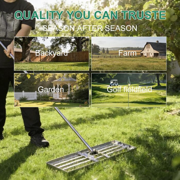 Професійний вирівнювач газону з нержавіючої сталі 76x25 см, з міцною металевою ручкою 201 см. Важкий рівневий грабель для піскування та вирівнювання трави для саду, подвір'я, гольф-поля та пасовища.