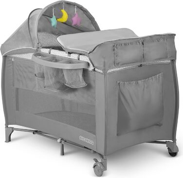 Дитяче ліжечко Ricokids з матрацом, 125 x 65 x 78 см, дорожнє ліжечко, вагою до 15 кг, 2 колеса з гальмами, бічний вхід, сумка для перенесення, функція гойдання, ігрова арка, пеленальний столик, складний, світло-сірий
